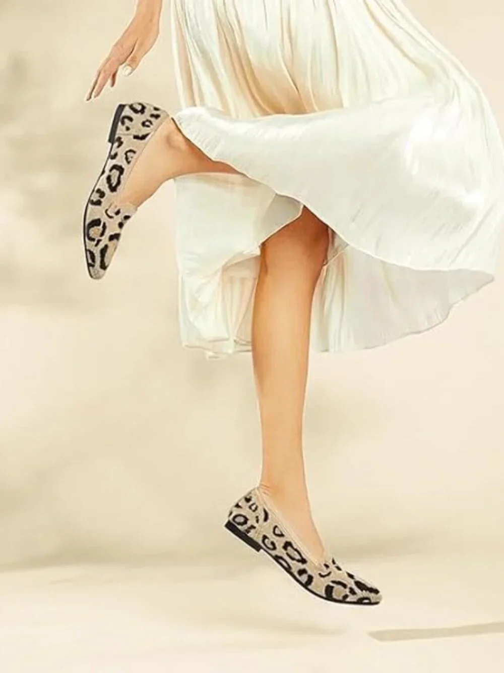 Women's Leopard Pointed Toe Knit Ballet Flats Washable Important Work Shoes